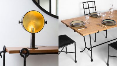 Galerie édition Limitée - French Decorative Arts - Table and chairs in hammered iron - Solid oak top - hammered wrought iron lamp - designer Vincent collin - French designer - Signatures Singulières Magazine - The digital magazine of French talent