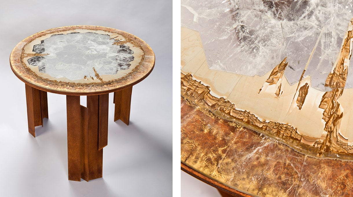 Hervé Obligi - sculptor and stone maker - Table in rock crystal and gold leaf marquetry - French know-how - Signatures Singulières Magazine - The digital magazine of French talent