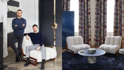 humbert & poyet - french interior designer - humbert & poyet furniture - Tabletop in Nero Marquinia marble - Base in Verde Luana Marble - Armchair in walnut - bleu folding screen - Wall lamp in polished brass - bleu carpet - Signatures Singulières Magazine - The digital magazine of French talent