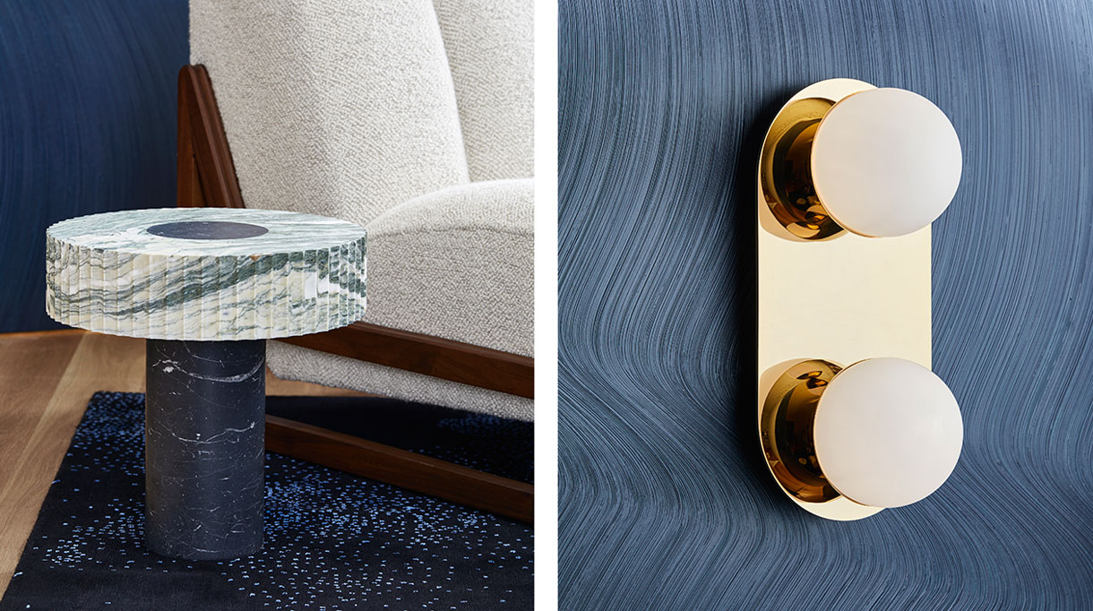 humbert & poyet - french interior designer - humbert & poyet furniture - Sidetable with table top in Verde Mediterraneo marble - Base in Nero Luana marble -polished brass sconce. Bulbs in sandblasted glass - bleu carpet - Signatures Singulières Magazine - The digital magazine of French talent