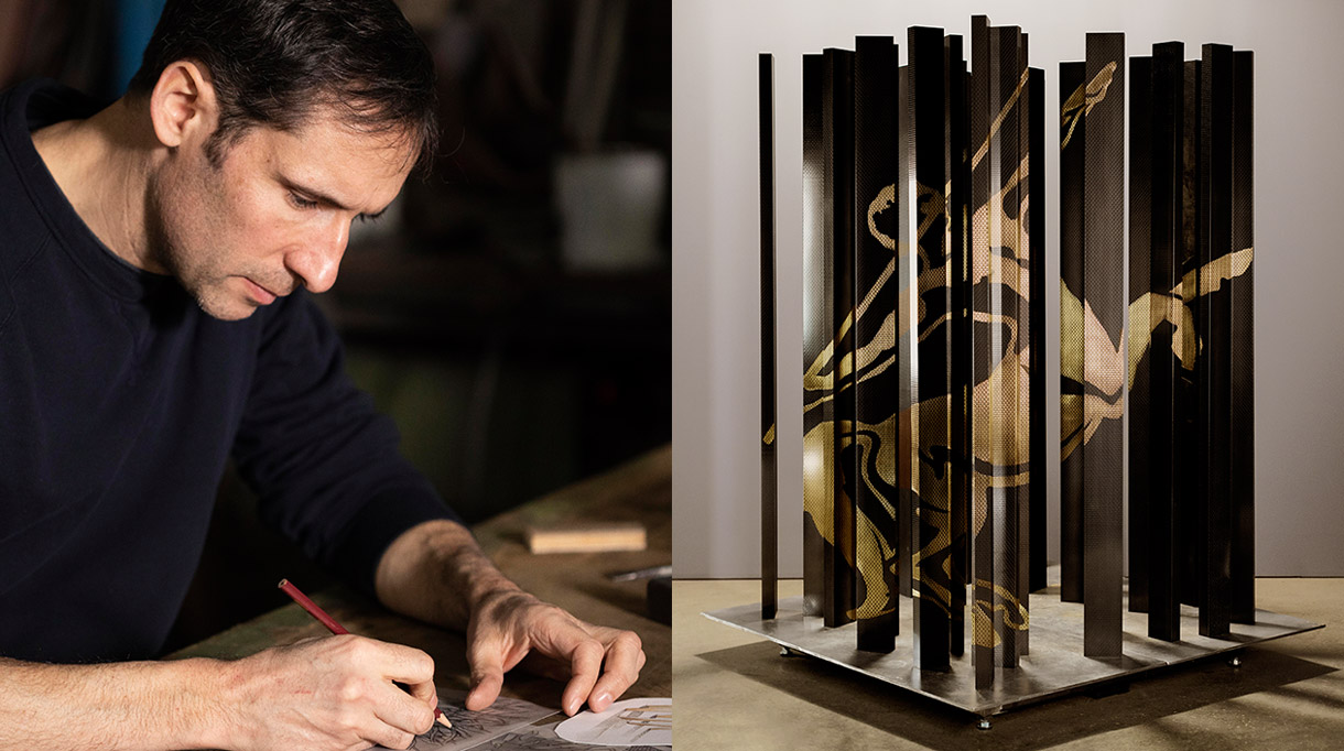 Steaven Richard - Ironwork of art - French craftsman - Creative craftsman - Remy Martin's Centaur - Artistic metalwork - Patinas and textures - Blacksmiths and metalworkers - Steel decorations - Decorating brass - Brass material - Rémi Martin Cognac XO - Brass - EPV company - Anamorphosis sculpture - House of Rémy Martin - Signatures Singulières Magazine - The digital magazine of French talent