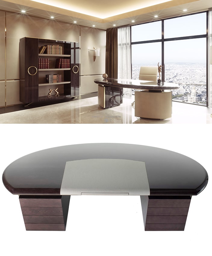 hugues chevalier - art deco furniture - art deco showroom in paris - art deco desk - Varnished oak desk with matt or glossy finish - contemporary art deco style desk with leather tray - Design: Studio Telemaco - signatures Singulières - The digital magazine of French talent